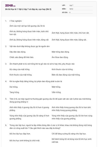 Đề thi Học kì 1 Vật Lí lớp 7 có đáp án, cực hay (Đề 3)