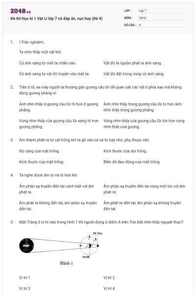 Đề thi Học kì 1 Vật Lí lớp 7 có đáp án, cực hay (Đề 4)