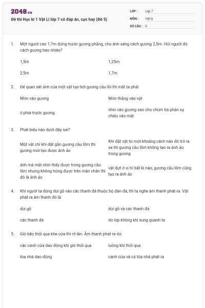 Đề thi Học kì 1 Vật Lí lớp 7 có đáp án, cực hay (Đề 5)