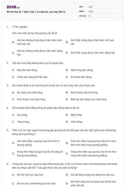 Đề thi Học kì 1 Vật Lí lớp 7 có đáp án, cực hay (Đề 3)