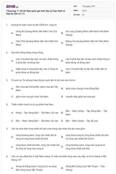 Tổng hợp 11 đề thi thpt quốc gia môn Địa Lý Hay nhất có đáp án (Đề số 11)