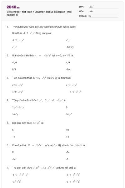 Đề kiểm tra 1 tiết Toán 7 Chương 4 Đại Số có đáp án (Trắc nghiệm 1)