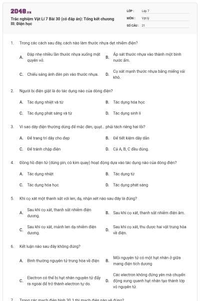 Trắc nghiệm Vật Lí 7 Bài 30 (có đáp án): Tổng kết chương III: Điện học