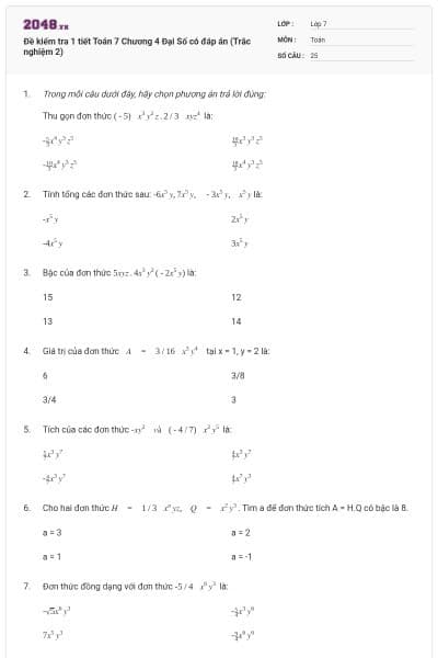 Đề kiểm tra 1 tiết Toán 7 Chương 4 Đại Số có đáp án (Trắc nghiệm 2)