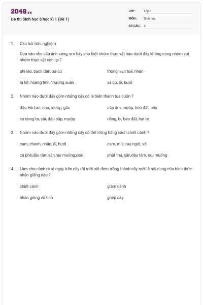 Đề thi Sinh học 6 học kì 1 (Đề 1)