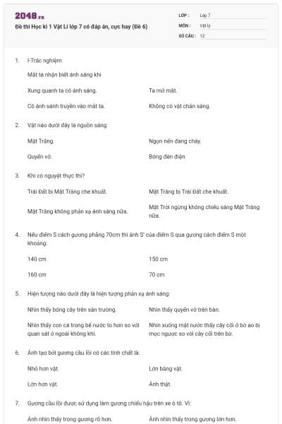 Đề thi Học kì 1 Vật Lí lớp 7 có đáp án, cực hay (Đề 6)
