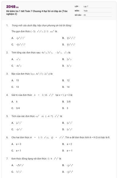 Đề kiểm tra 1 tiết Toán 7 Chương 4 Đại Số có đáp án (Trắc nghiệm 2)