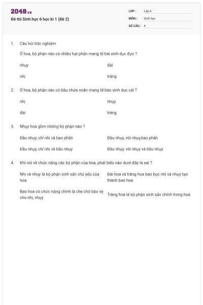 Đề thi Sinh học 6 học kì 1 (Đề 2)