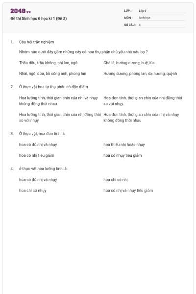 Đề thi Sinh học 6 học kì 1 (Đề 3)