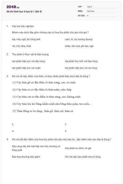 Đề thi Sinh học 6 học kì 1 (Đề 4)