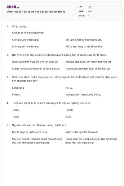 Đề thi Học kì 1 Vật Lí lớp 7 có đáp án, cực hay (Đề 7)