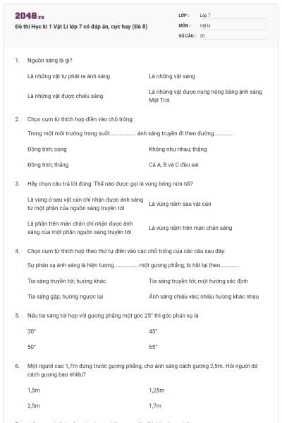 Đề thi Học kì 1 Vật Lí lớp 7 có đáp án, cực hay (Đề 8)