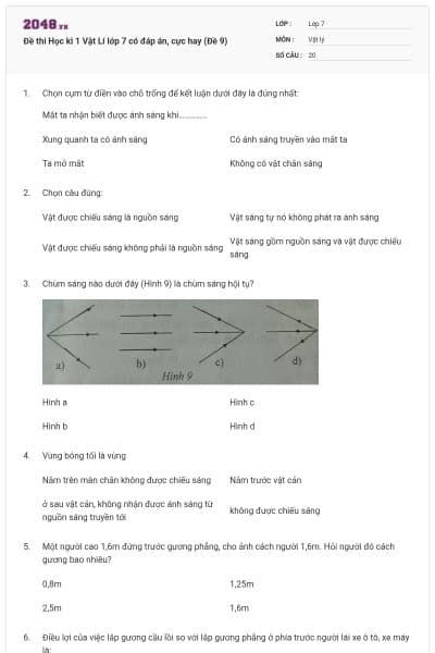 Đề thi Học kì 1 Vật Lí lớp 7 có đáp án, cực hay (Đề 9)