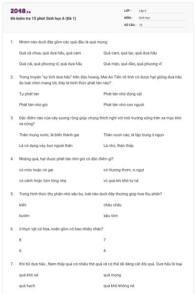 Đề kiểm tra 15 phút Sinh học 6 (Đề 1)