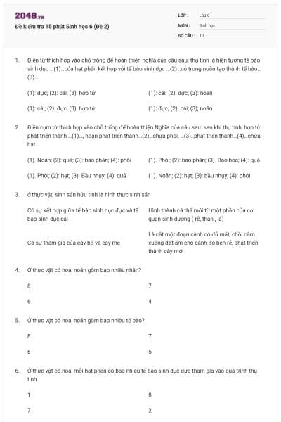 Đề kiểm tra 15 phút Sinh học 6 (Đề 2)