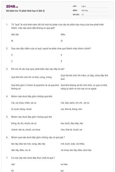Đề kiểm tra 15 phút Sinh học 6 (Đề 3)