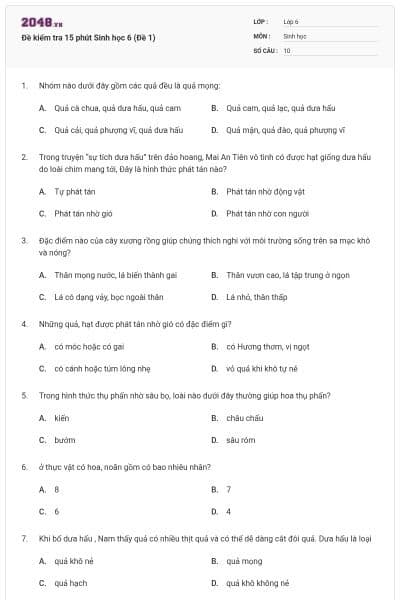 Đề kiểm tra 15 phút Sinh học 6 (Đề 1)