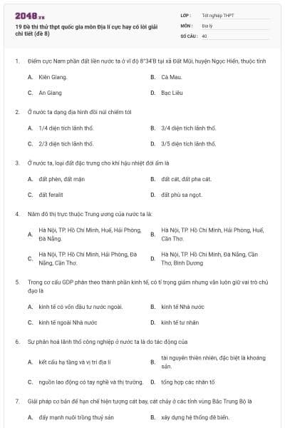 19 Đề thi thử thpt quốc gia môn Địa lí cực hay có lời giải chi tiết (đề 8)