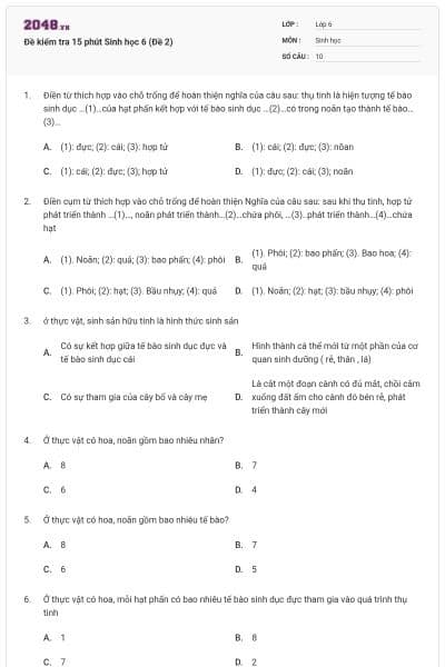 Đề kiểm tra 15 phút Sinh học 6 (Đề 2)