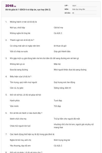 Đề thi giữa kì 1 GDCD 6 có đáp án, cực hay (Đề 2)