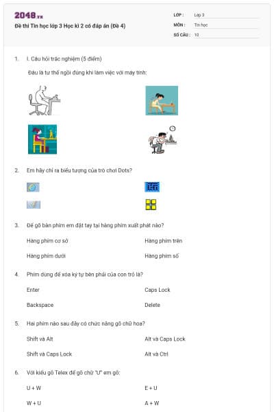 Đề thi Tin học lớp 3 Học kì 2 có đáp án (Đề 4)