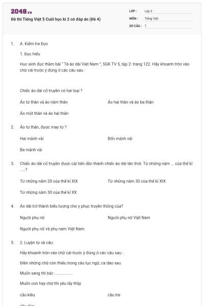 Đề thi Tiếng Việt 5 Cuối học kì 2 có đáp án (Đề 4)