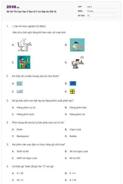 Đề thi Tin học lớp 3 Học kì 2 có đáp án (Đề 4)