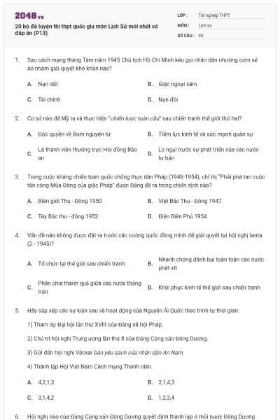 20 bộ đề luyện thi thpt quốc gia môn Lịch Sử mới nhất có đáp án (P13)
