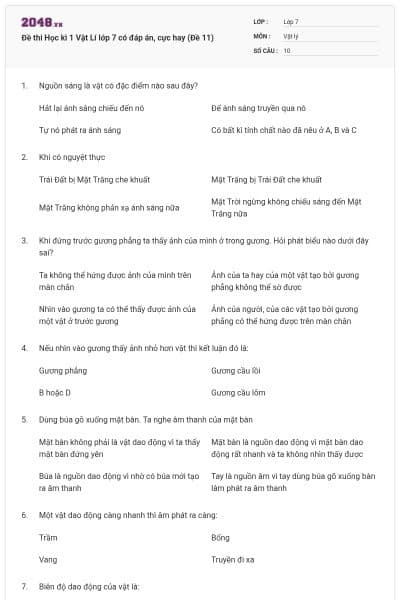 Đề thi Học kì 1 Vật Lí lớp 7 có đáp án, cực hay (Đề 11)