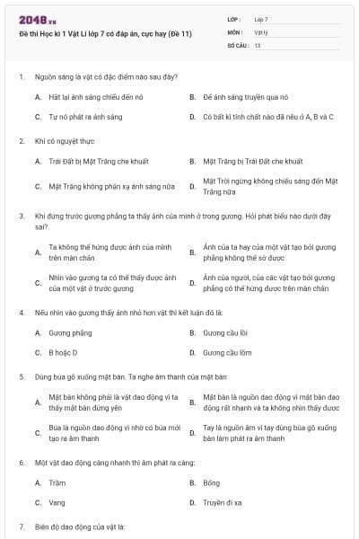 Đề thi Học kì 1 Vật Lí lớp 7 có đáp án, cực hay (Đề 11)