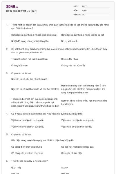 Đề thi giữa kì 2 Vật Lí 7 (Đề 1)