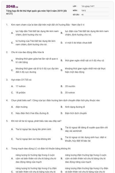 Tổng hợp đề thi thử thpt quốc gia môn Vật lí năm 2019 (đề số 21)