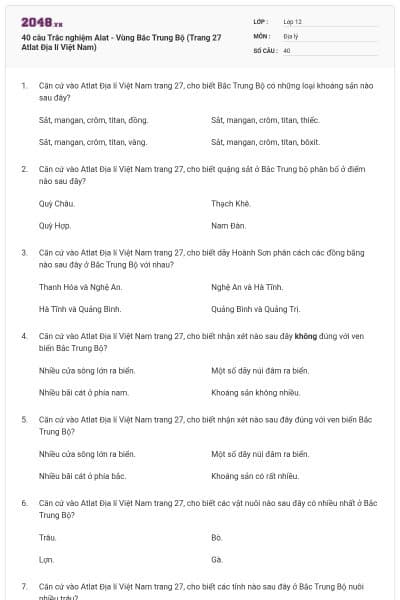 40 câu Trắc nghiệm Alat - Vùng Bắc Trung Bộ (Trang 27 Atlat Địa lí Việt Nam)