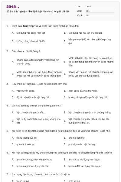 20 Bài trắc nghiệm - Ba định luật Niuton có lời giải chi tiết