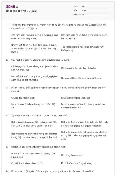Đề thi giữa kì 2 Vật Lí 7 (Đề 2)