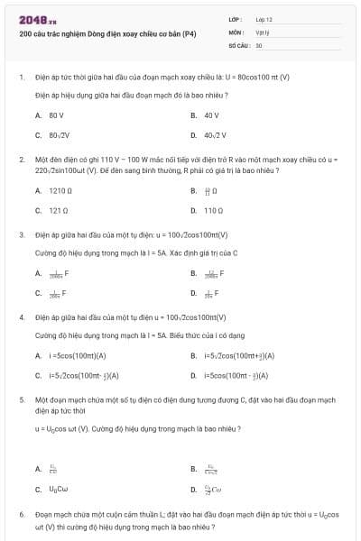 200 câu trắc nghiệm Dòng điện xoay chiều cơ bản (P4)