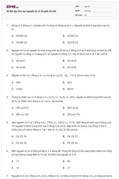 30 Bài tập Cấu tạo nguyên tử có lời giải chi tiết
