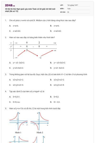 30 Đề thi thử thpt quốc gia môn Toán có lời giải chi tiết mới nhất (Đề số 15)