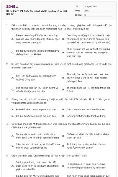 Đề thi thử THPT Quốc Gia môn Lịch Sử cực hay có lời giải (Đề 10)