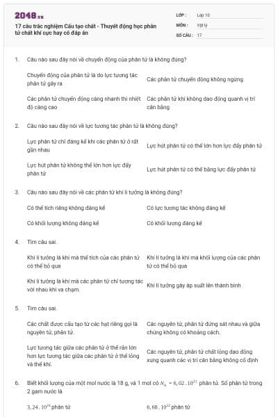 17 câu trắc nghiệm Cấu tạo chất - Thuyết động học phân tử chất khí cực hay có đáp án