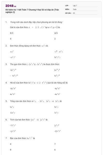 Đề kiểm tra 1 tiết Toán 7 Chương 4 Đại Số có đáp án (Trắc nghiệm 3)