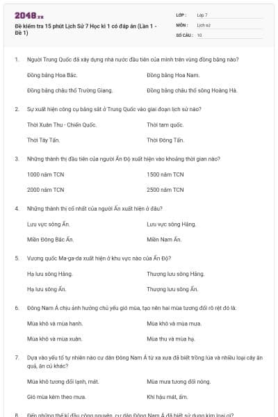 Đề kiểm tra 15 phút Lịch Sử 7 Học kì 1 có đáp án (Lần 1 - Đề 1)