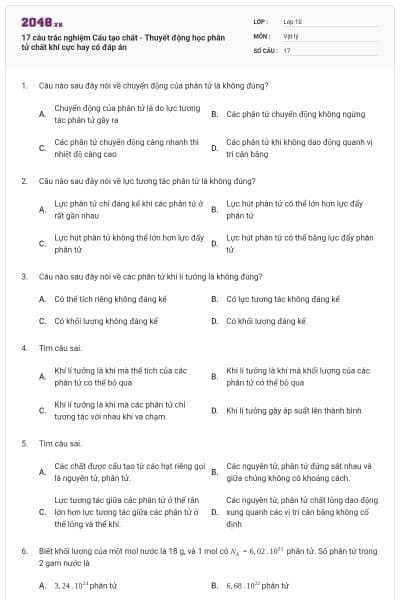 17 câu trắc nghiệm Cấu tạo chất - Thuyết động học phân tử chất khí cực hay có đáp án