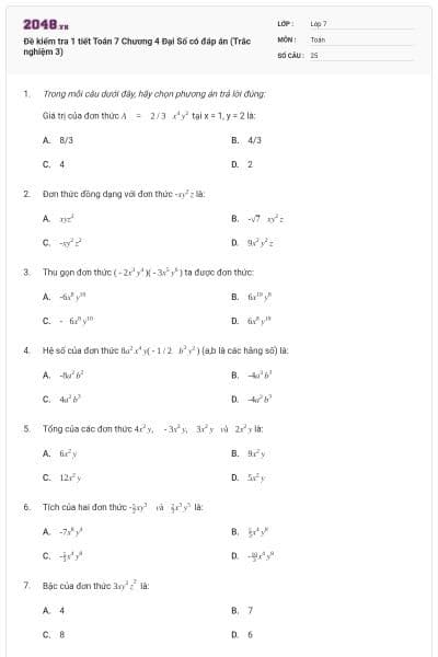 Đề kiểm tra 1 tiết Toán 7 Chương 4 Đại Số có đáp án (Trắc nghiệm 3)