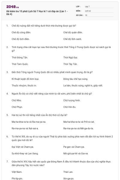 Đề kiểm tra 15 phút Lịch Sử 7 Học kì 1 có đáp án (Lần 1 - Đề 4)