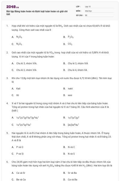 Bài tập Bảng tuần hoàn và Định luật tuần hoàn có giải chi tiết