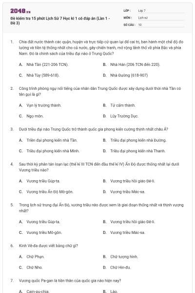 Đề kiểm tra 15 phút Lịch Sử 7 Học kì 1 có đáp án (Lần 1 - Đề 3)