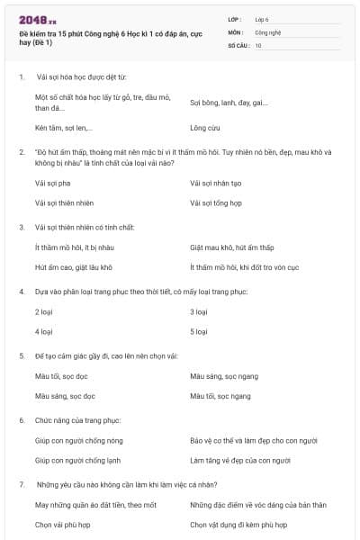 Đề kiểm tra 15 phút Công nghệ 6 Học kì 1 có đáp án, cực hay (Đề 1)