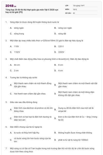 Tổng hợp 20 đề thi thử thpt quốc gia môn Vật lí 2020 cực hay có lời giải (P5)