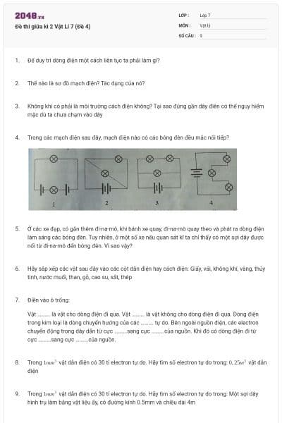 Đề thi giữa kì 2 Vật Lí 7 (Đề 4)